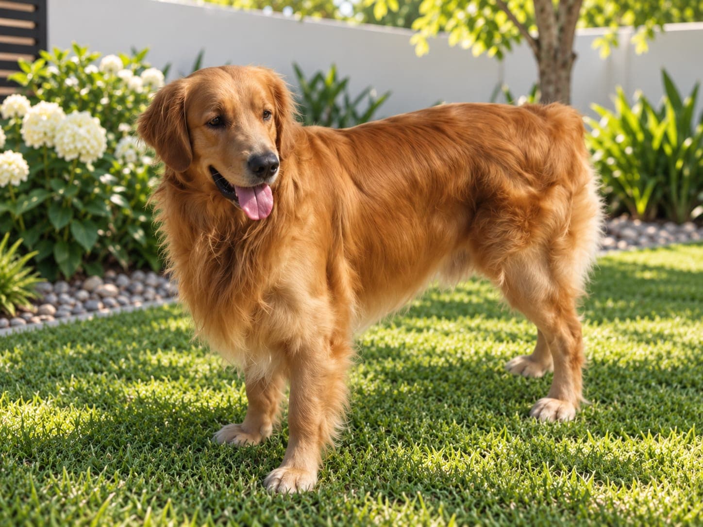 Freshly groomed golden retriever standing in the garden